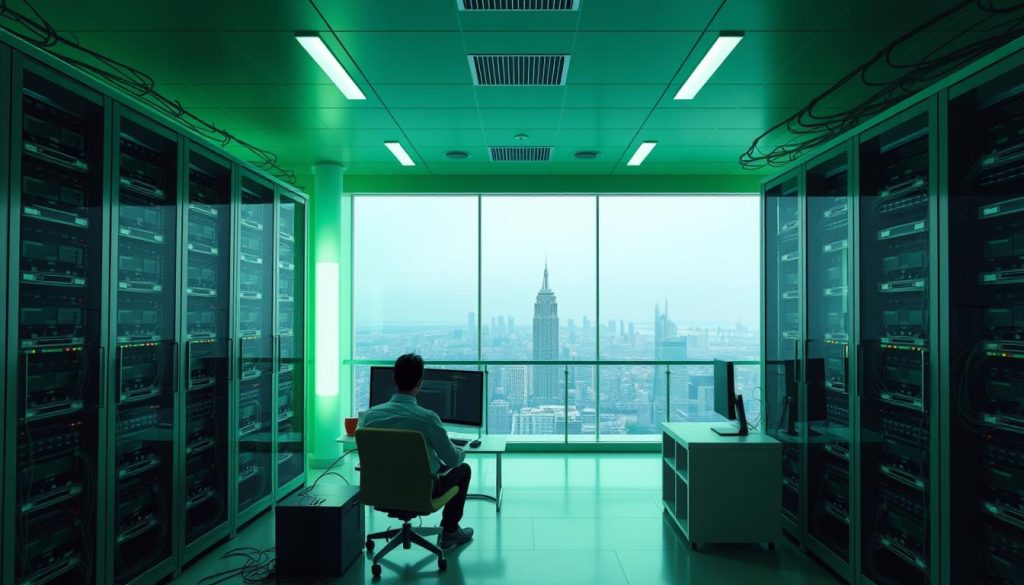 سرور مجازی برای کاهش پینگ A serene modern virtual server room in shades of green illuminated by soft diffused