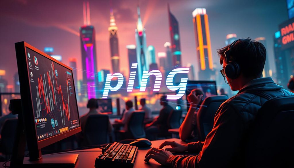 A vibrant and dynamic gaming scene with players immersed in an online multiplayer experience. In the foreground, a player's desktop setup with a high-end gaming monitor, keyboard, and mouse, symbolizing the importance of low latency and responsiveness. The middle ground features a stylized visual representation of "ping", with colorful data packets and network connections pulsing across the screen, highlighting the concept of latency in online gaming. The background showcases a futuristic cityscape, with towering skyscrapers and glowing neon lights, conveying the technological advancements that enable seamless and immersive online gaming experiences. Warm, vibrant lighting and a sense of energy and excitement permeate the scene, emphasizing the critical role of low ping in delivering a thrilling and engaging gaming environment. A vibrant and dynamic gaming scene with players immersed in an online multiplayer experience. In the foreground, a player's desktop setup with a high-end gaming monitor, keyboard, and mouse, symbolizing the importance of low latency and responsiveness. The middle ground features a stylized visual representation of "ping", with colorful data packets and network connections pulsing across the screen, highlighting the concept of latency in online gaming. The background showcases a futuristic cityscape, with towering skyscrapers and glowing neon lights, conveying the technological advancements that enable seamless and immersive online gaming experiences. Warm, vibrant lighting and a sense of energy and excitement permeate the scene, emphasizing the critical role of low ping in delivering a thrilling and engaging gaming environment.